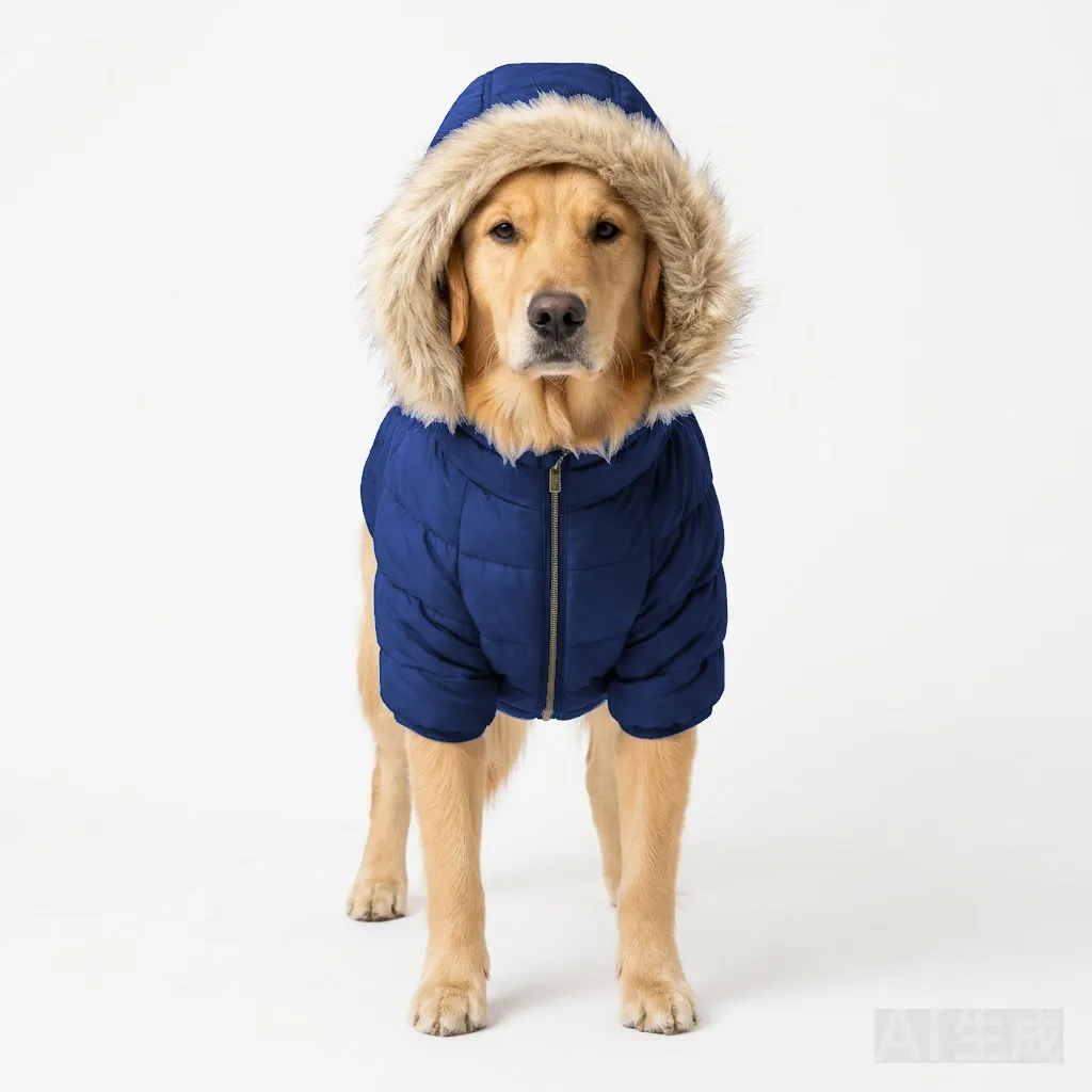 Navy Dog Hooded Puffer Parka worn by a dog — fit reference