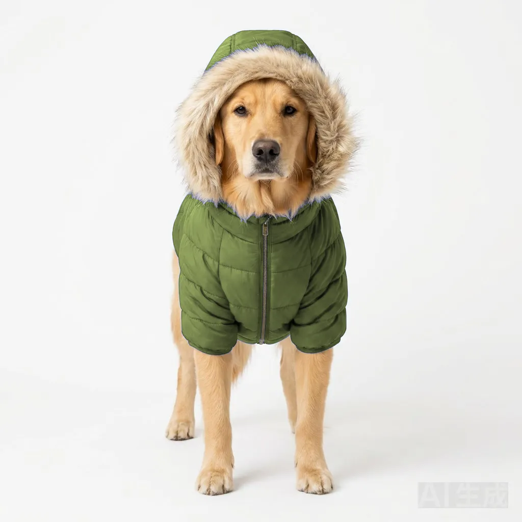 Olive Dog Hooded Puffer Parka worn by a dog — fit reference