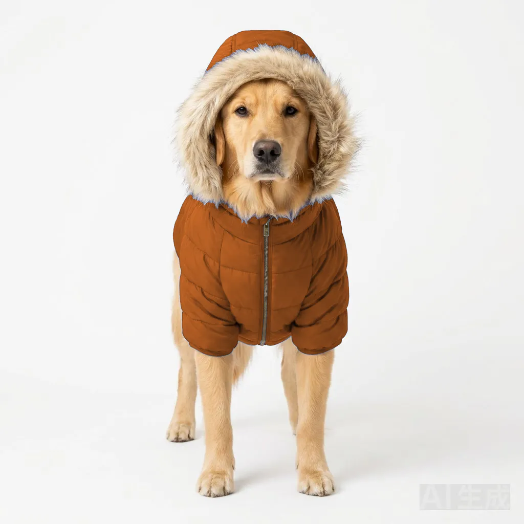 Orange Dog Hooded Puffer Parka worn by a dog — fit reference