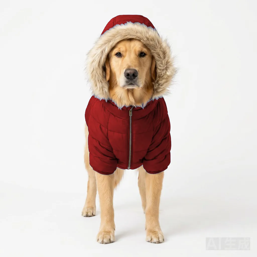 Red Dog Hooded Puffer Parka worn by a dog — fit reference
