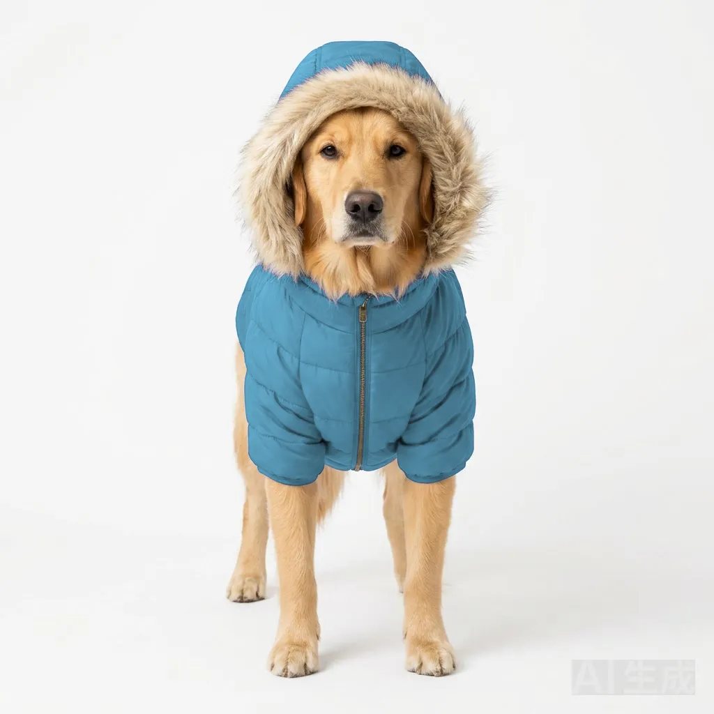 Sky Blue Dog Hooded Puffer Parka worn by a dog — fit reference