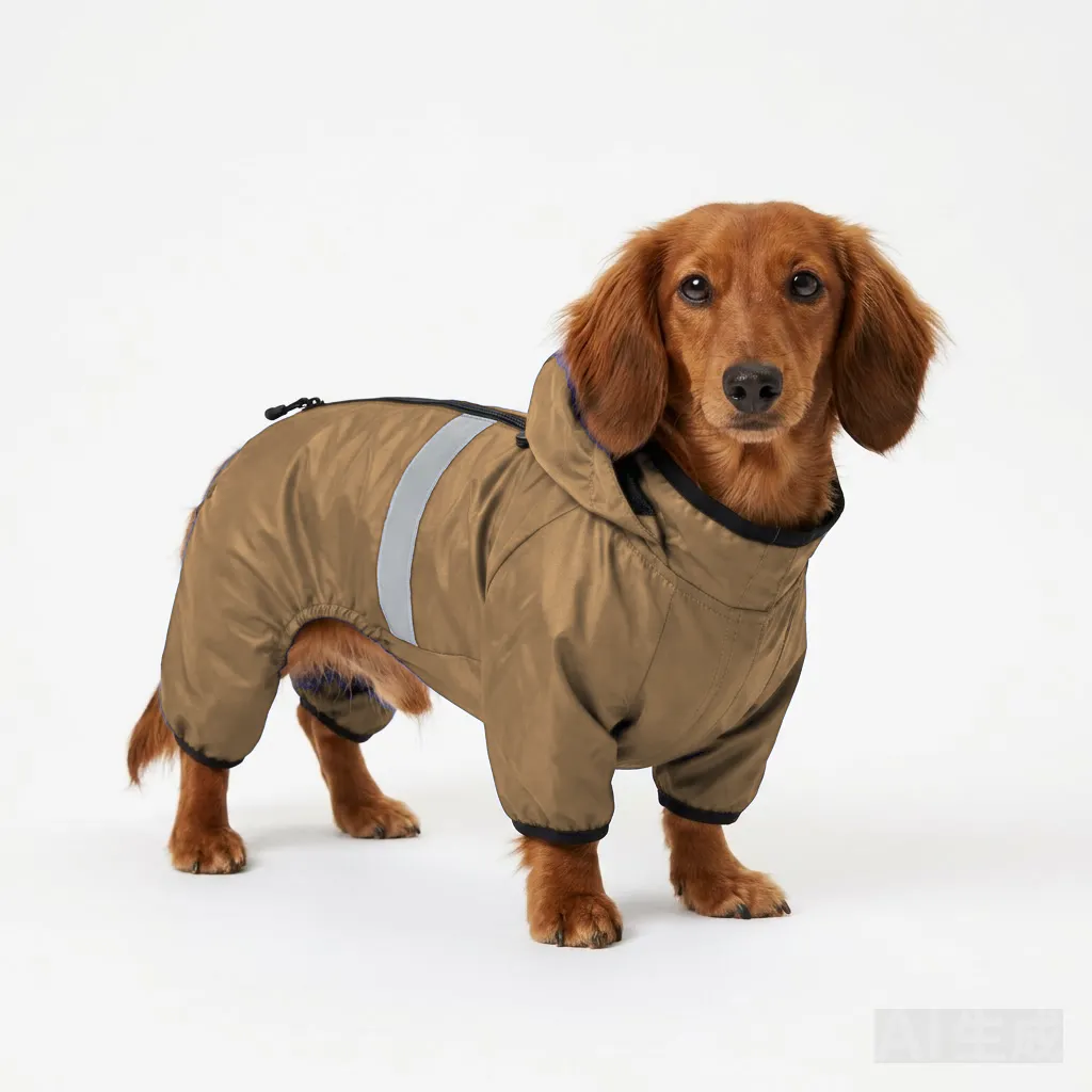 Camel Dog LED Light-Up Rain Jacket worn by a dog — fit reference