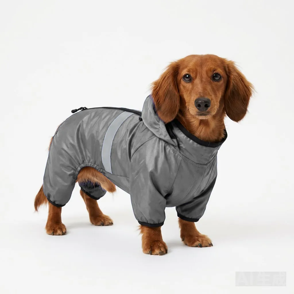Charcoal Grey Dog LED Light-Up Rain Jacket worn by a dog — fit reference
