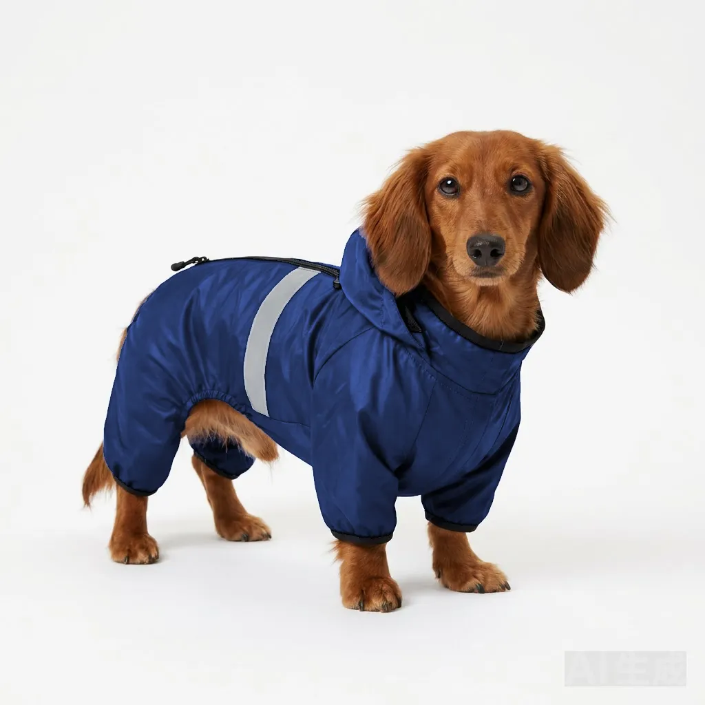Navy Dog LED Light-Up Rain Jacket worn by a dog — fit reference