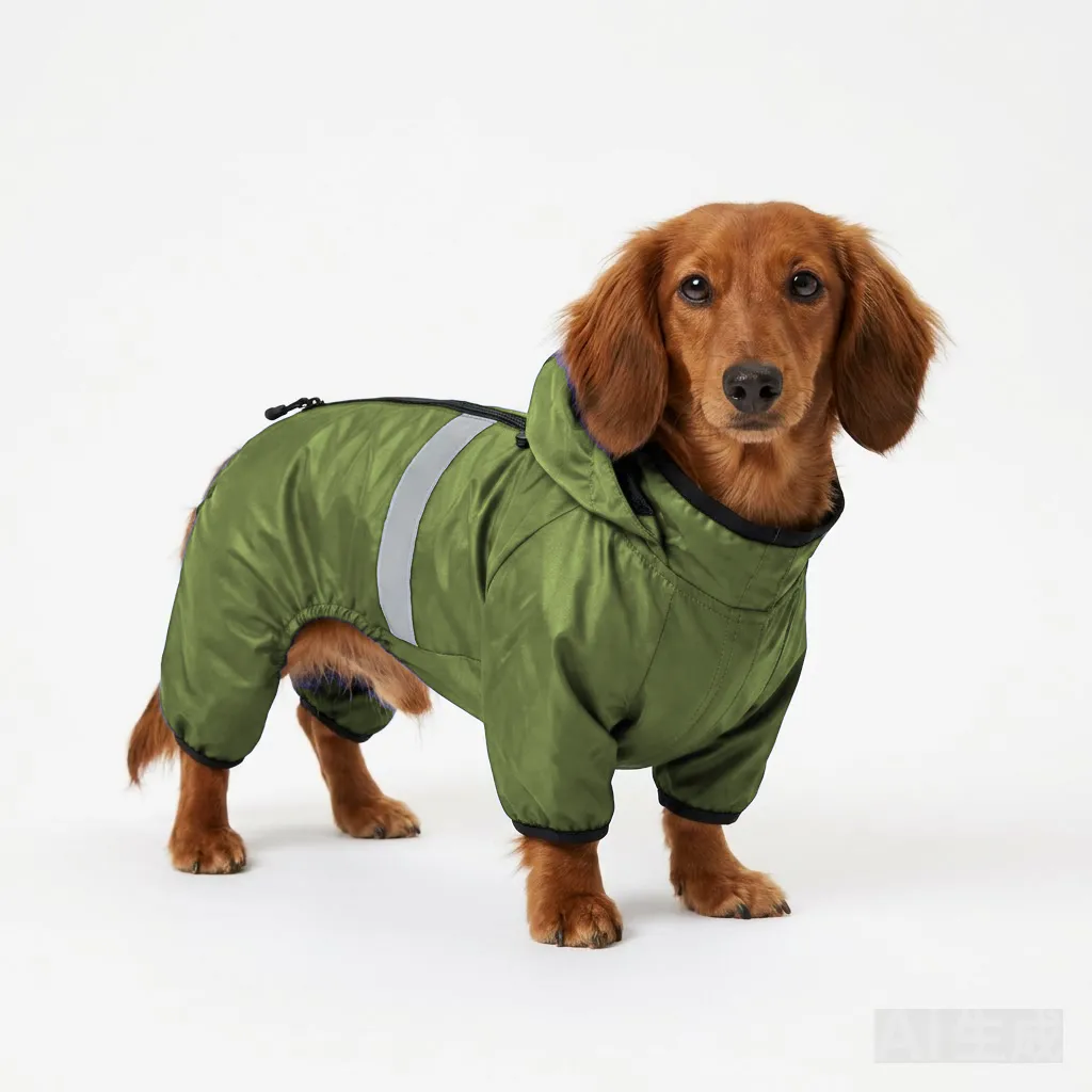 Olive Dog LED Light-Up Rain Jacket worn by a dog — fit reference