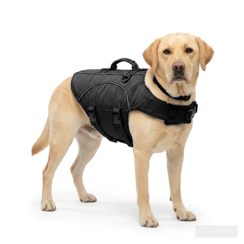 Black Dog Life Jacket Vest worn by a dog — fit reference