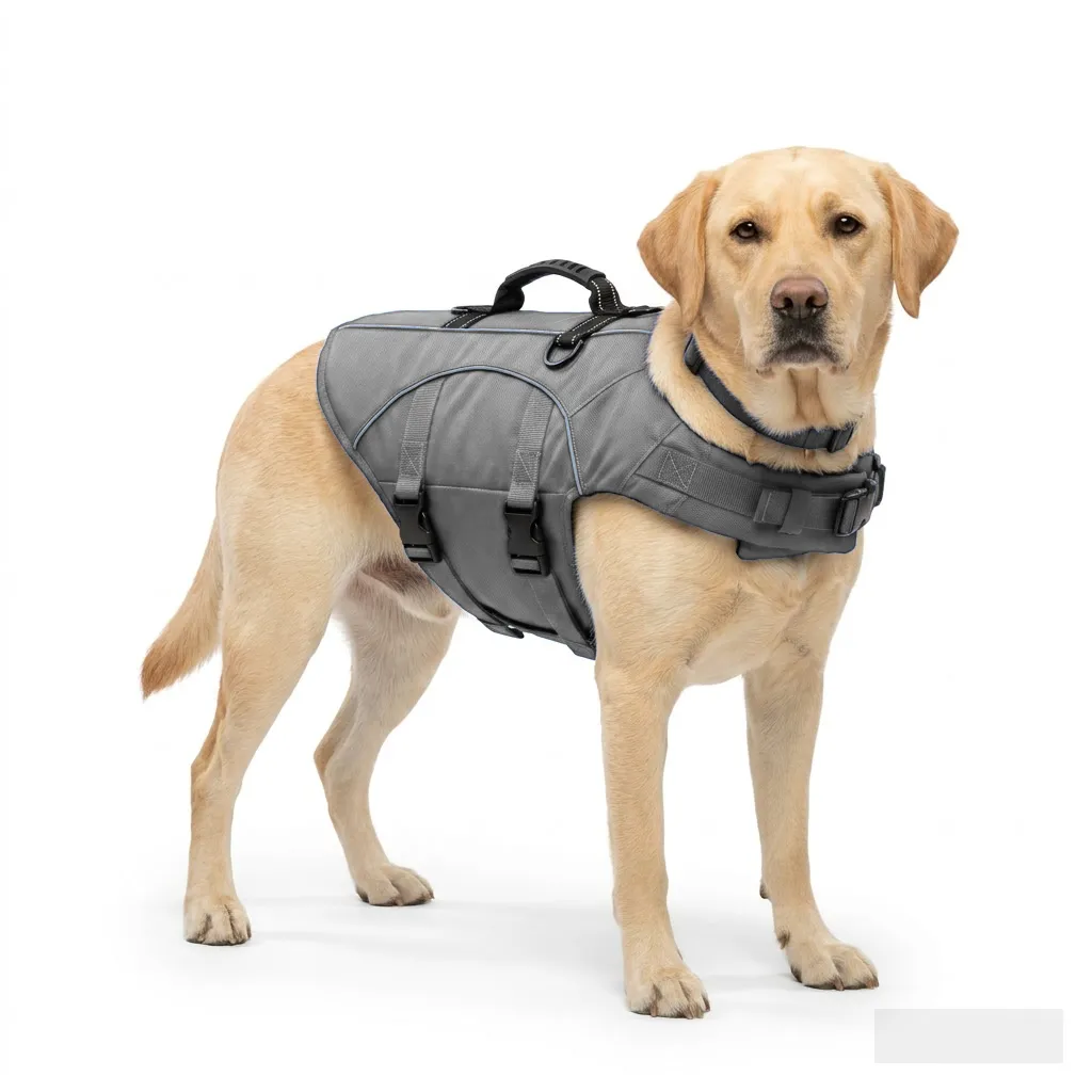 Charcoal Grey Dog Life Jacket Vest worn by a dog — fit reference