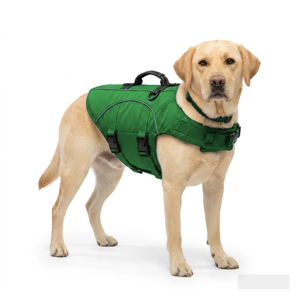 Forest Green Dog Life Jacket Vest worn by a dog — fit reference