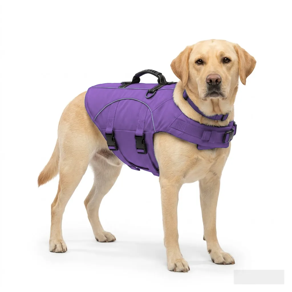 Lavender Dog Life Jacket Vest worn by a dog — fit reference