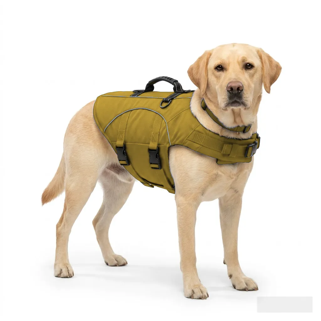 Mustard Dog Life Jacket Vest worn by a dog — fit reference