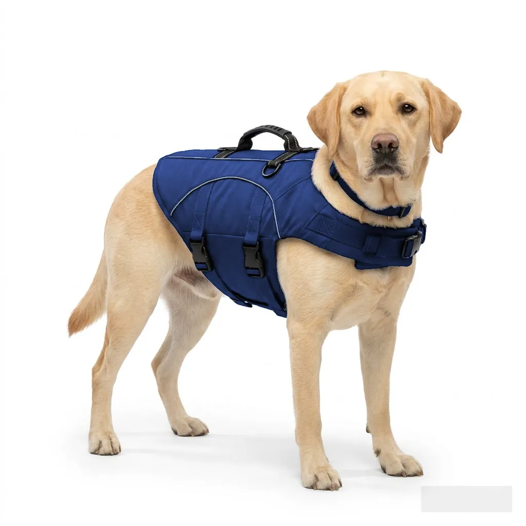Navy Dog Life Jacket Vest worn by a dog — fit reference