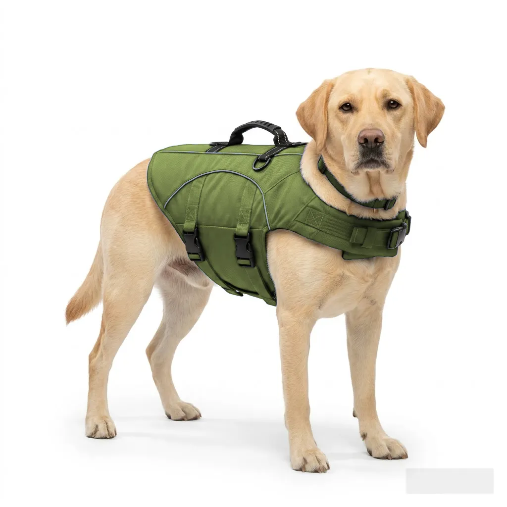 Olive Dog Life Jacket Vest worn by a dog — fit reference