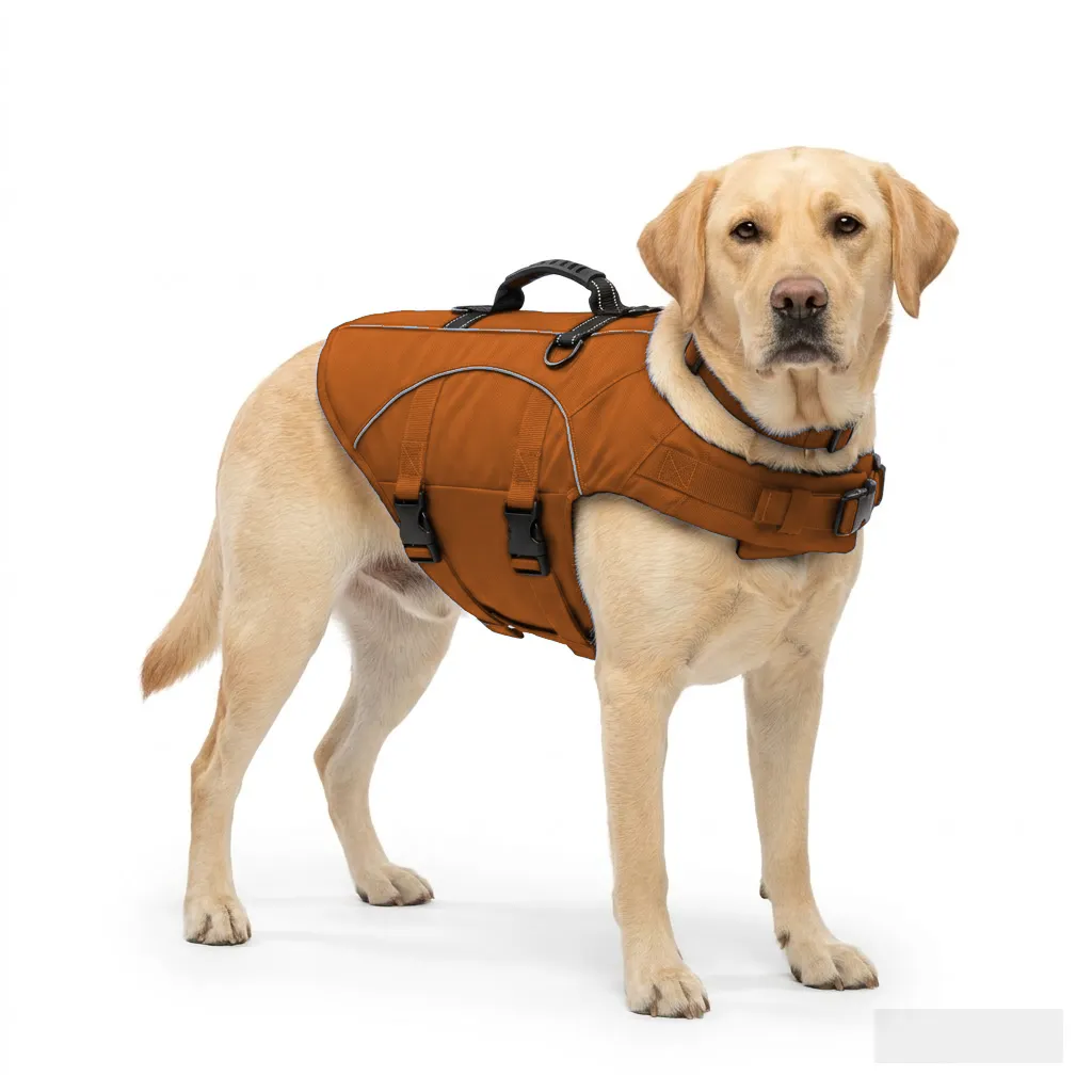 Orange Dog Life Jacket Vest worn by a dog — fit reference
