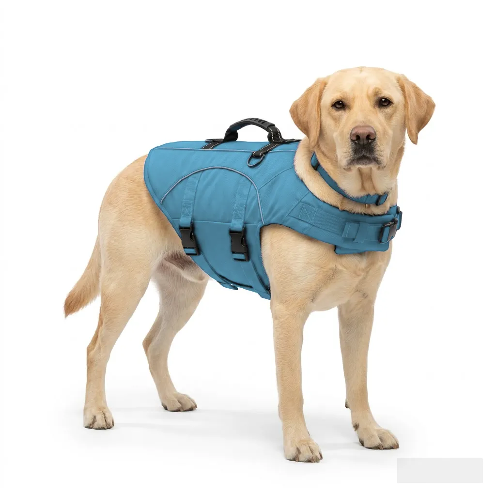 Sky Blue Dog Life Jacket Vest worn by a dog — fit reference