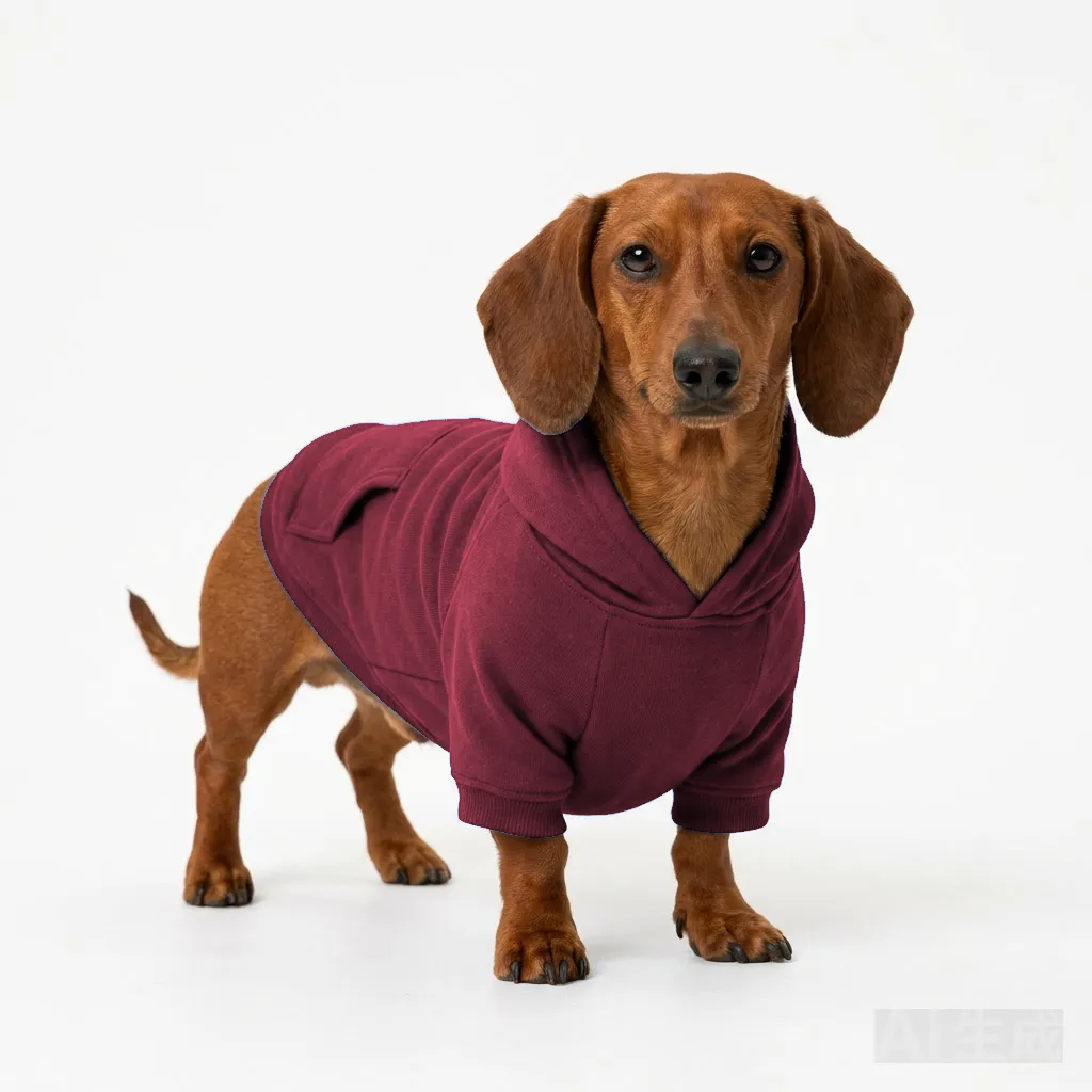 Burgundy Dog One-Piece Pajamas worn by a dog — fit reference