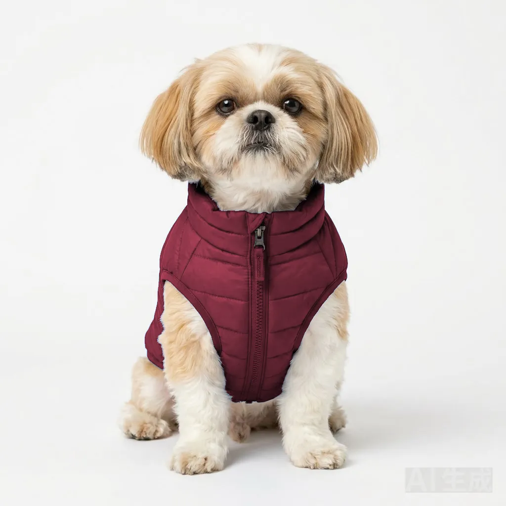 Burgundy Dog Quilted Barn Coat worn by a dog — fit reference