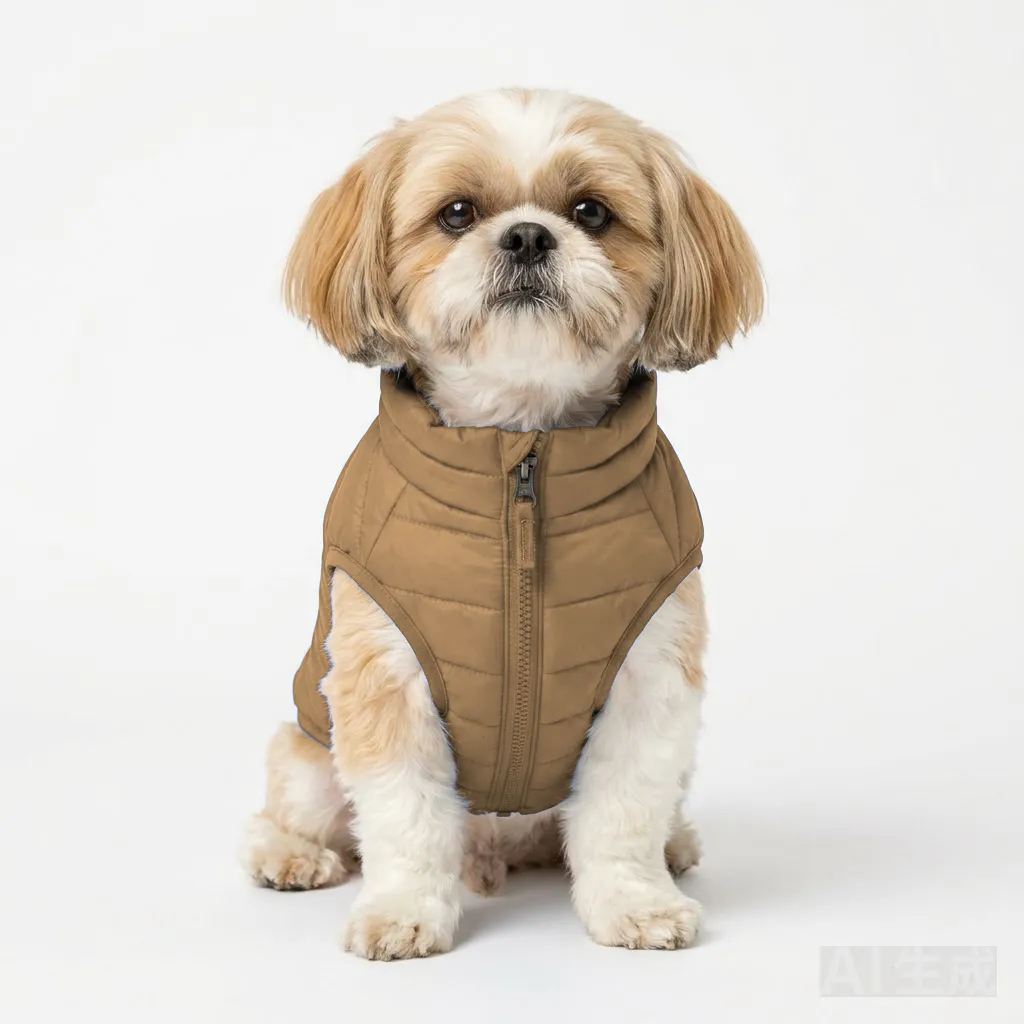 Camel Dog Quilted Barn Coat worn by a dog — fit reference