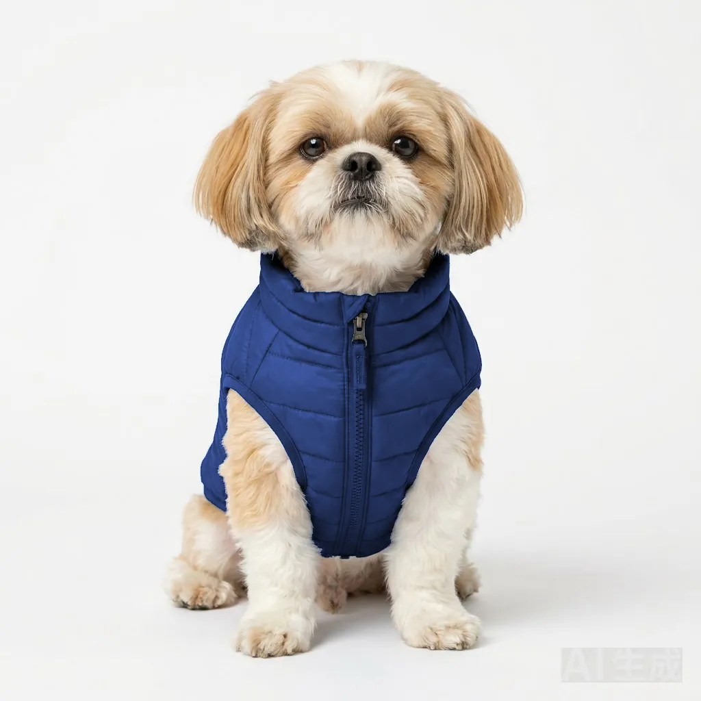 Navy Dog Quilted Barn Coat worn by a dog — fit reference