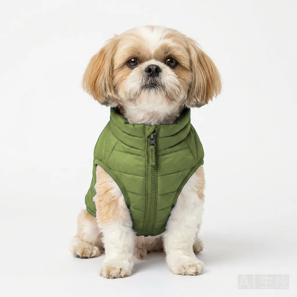 Olive Dog Quilted Barn Coat worn by a dog — fit reference