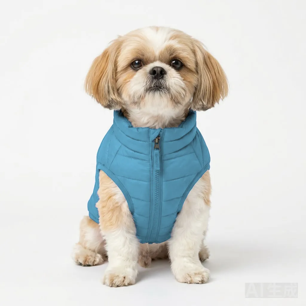 Sky Blue Dog Quilted Barn Coat worn by a dog — fit reference