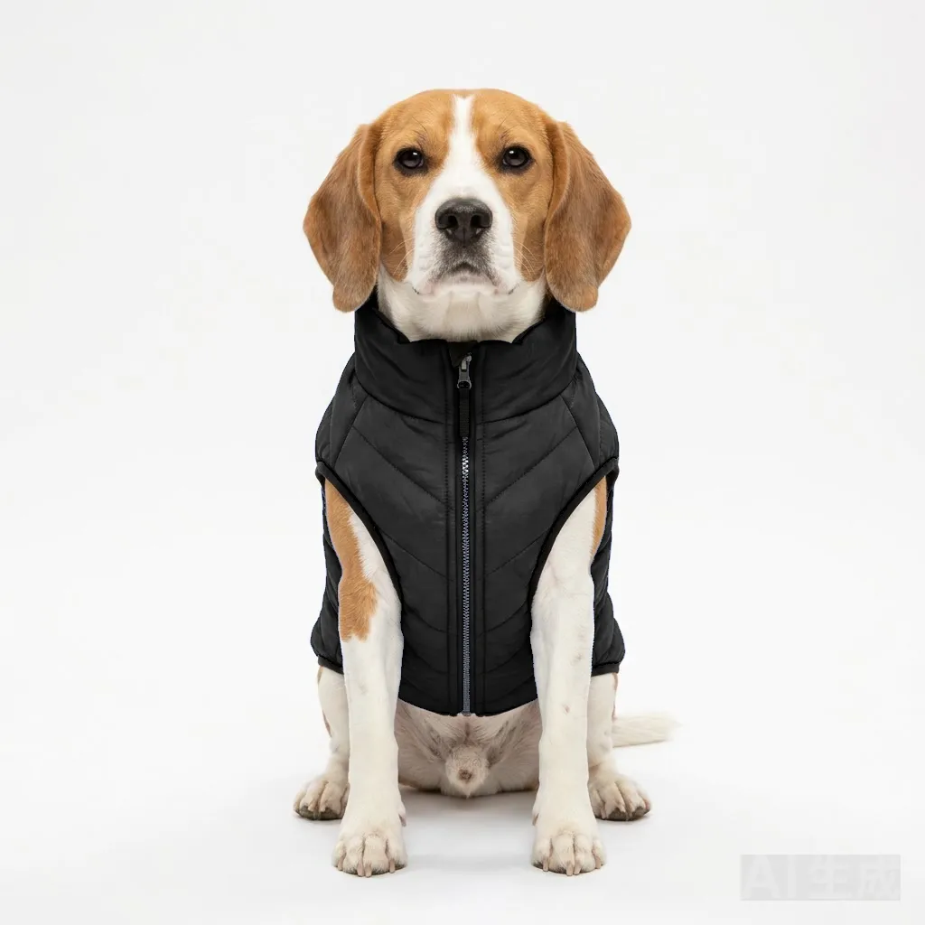 Black Dog Quilted Puffer Jacket worn by a dog — fit reference