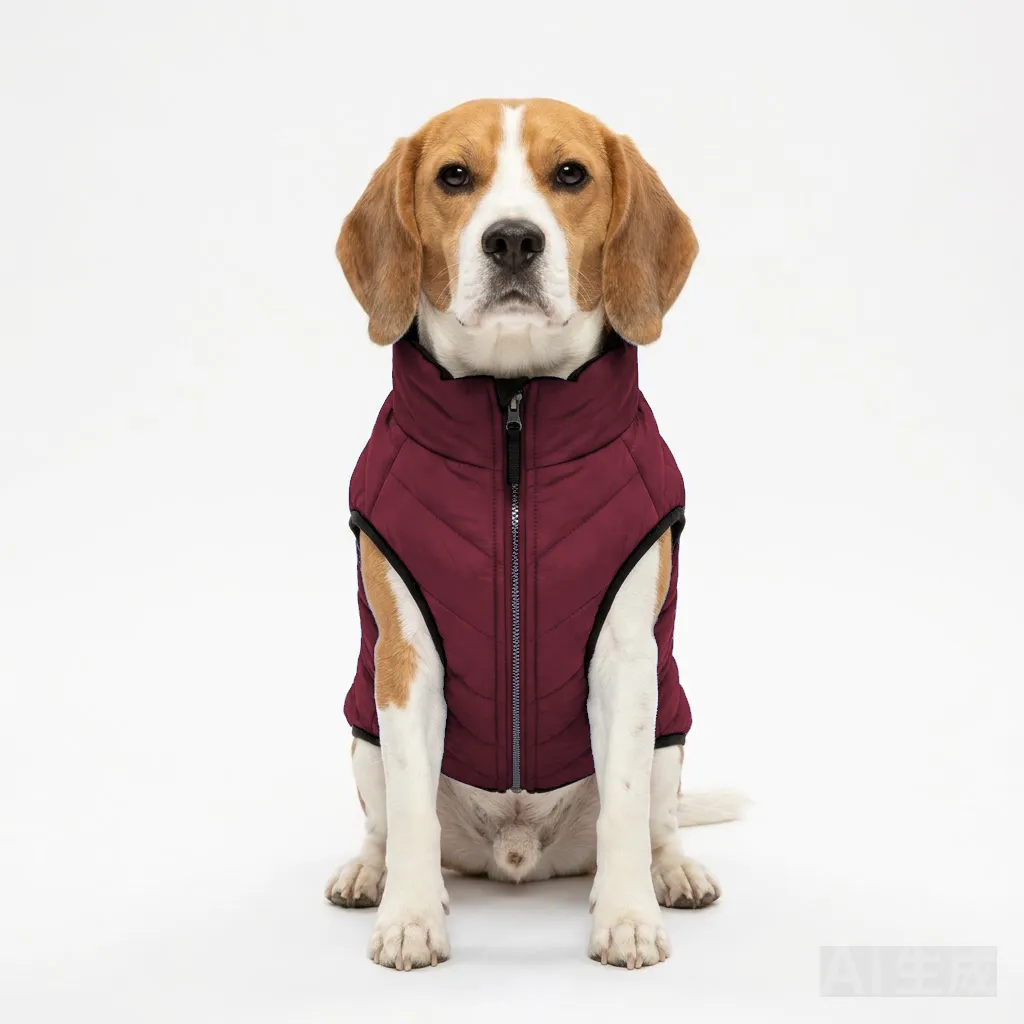 Burgundy Dog Quilted Puffer Jacket worn by a dog — fit reference