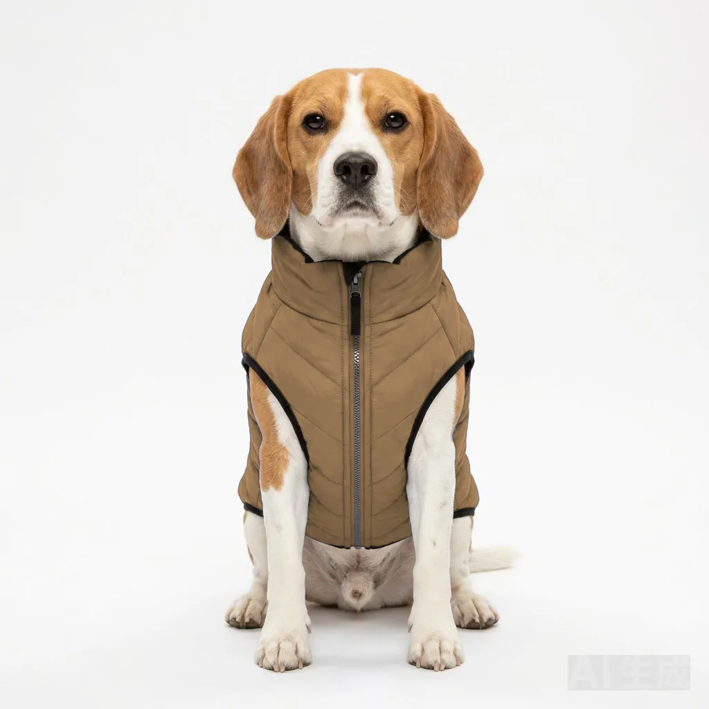 Camel Dog Quilted Puffer Jacket worn by a dog — fit reference
