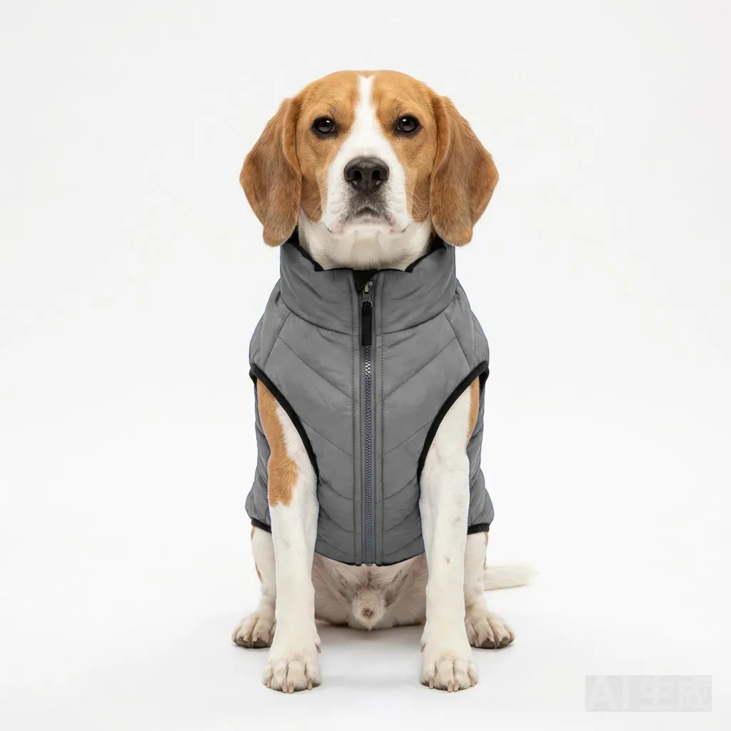 Charcoal Grey Dog Quilted Puffer Jacket worn by a dog — fit reference