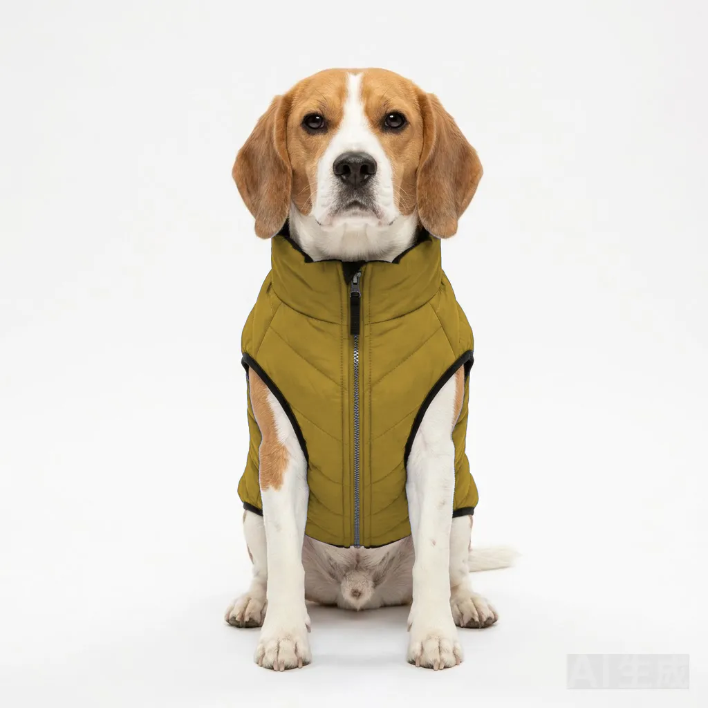 Mustard Dog Quilted Puffer Jacket worn by a dog — fit reference