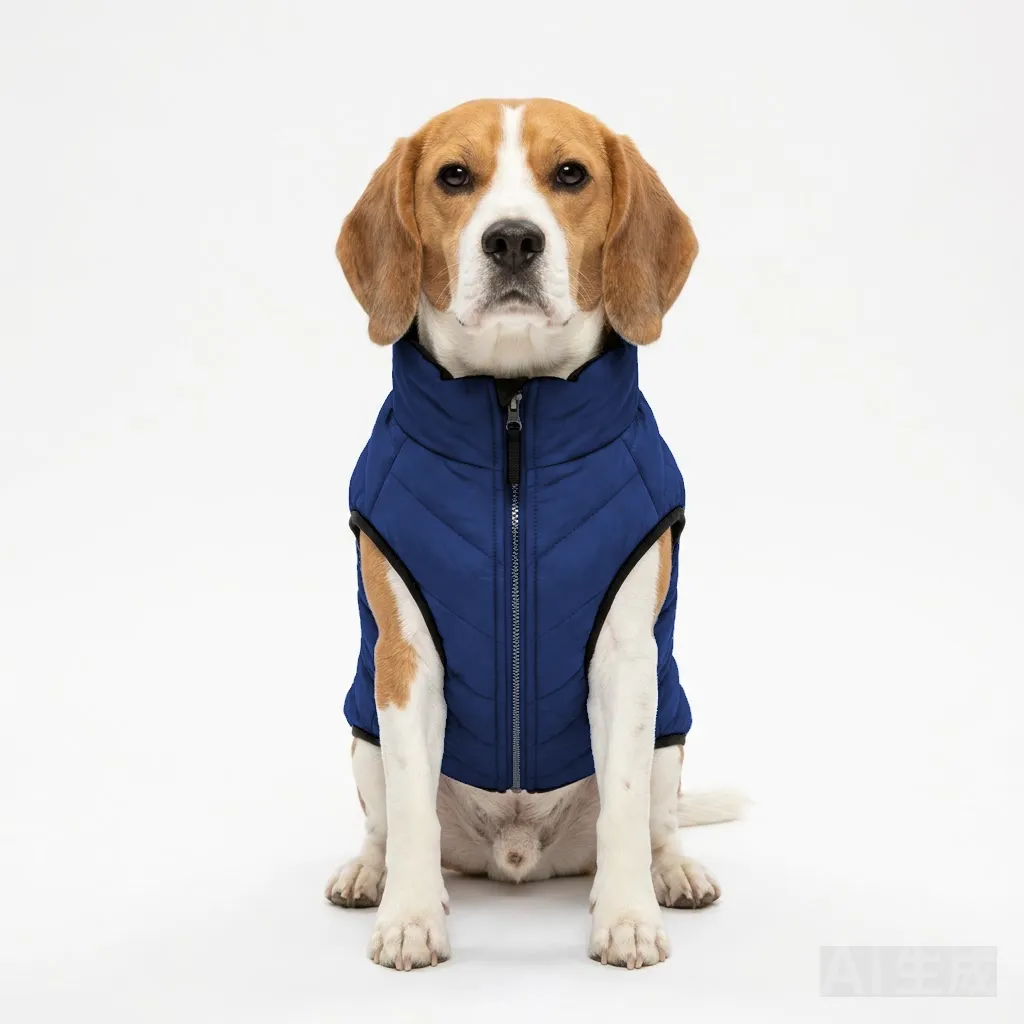 Navy Dog Quilted Puffer Jacket worn by a dog — fit reference