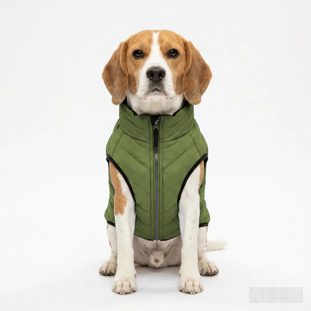 Olive Dog Quilted Puffer Jacket worn by a dog — fit reference