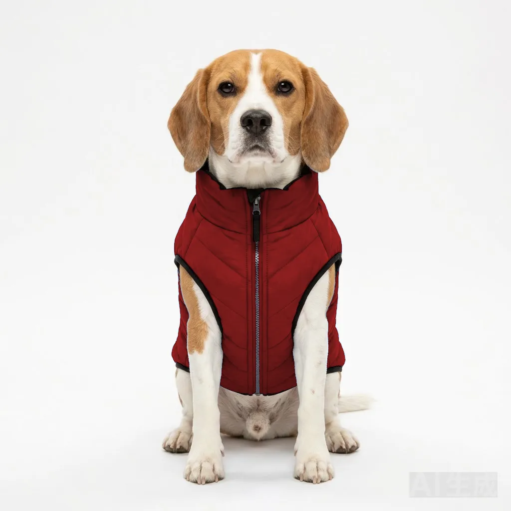 Red Dog Quilted Puffer Jacket worn by a dog — fit reference