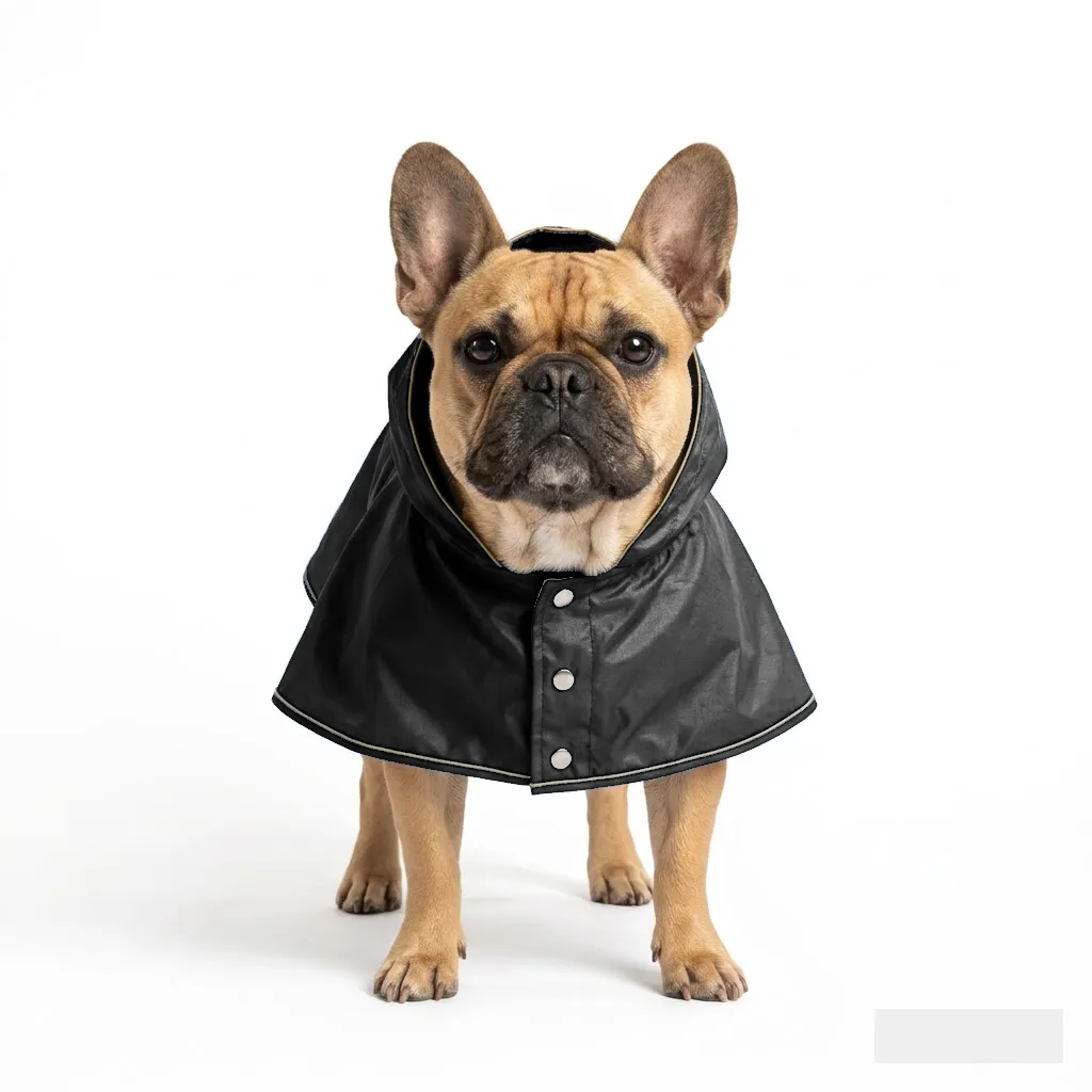Black Dog Rain Poncho worn by a dog — fit reference