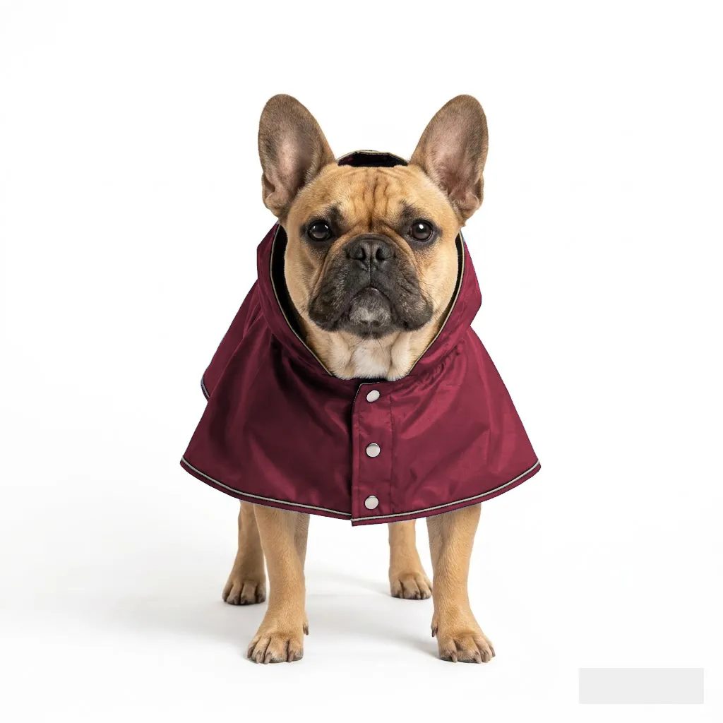 Burgundy Dog Rain Poncho worn by a dog — fit reference