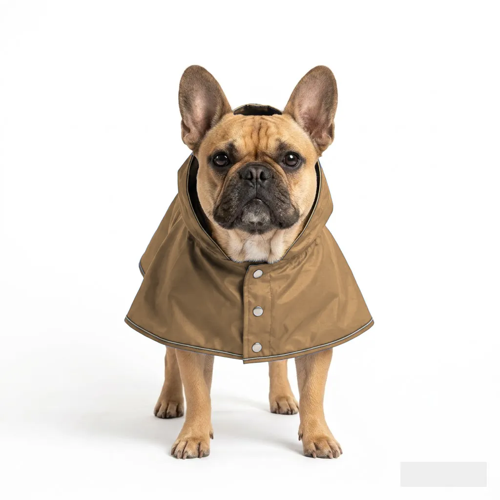 Camel Dog Rain Poncho worn by a dog — fit reference