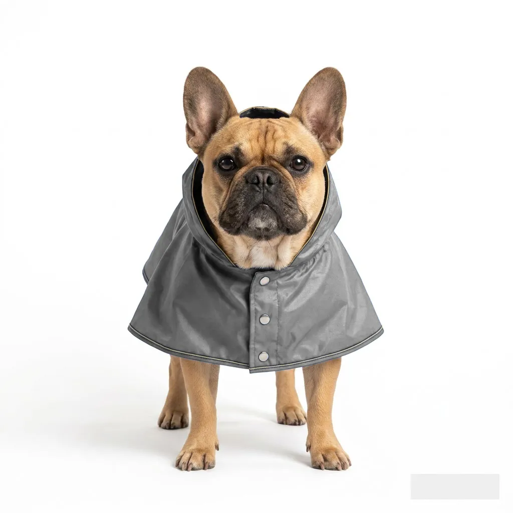 Charcoal Grey Dog Rain Poncho worn by a dog — fit reference