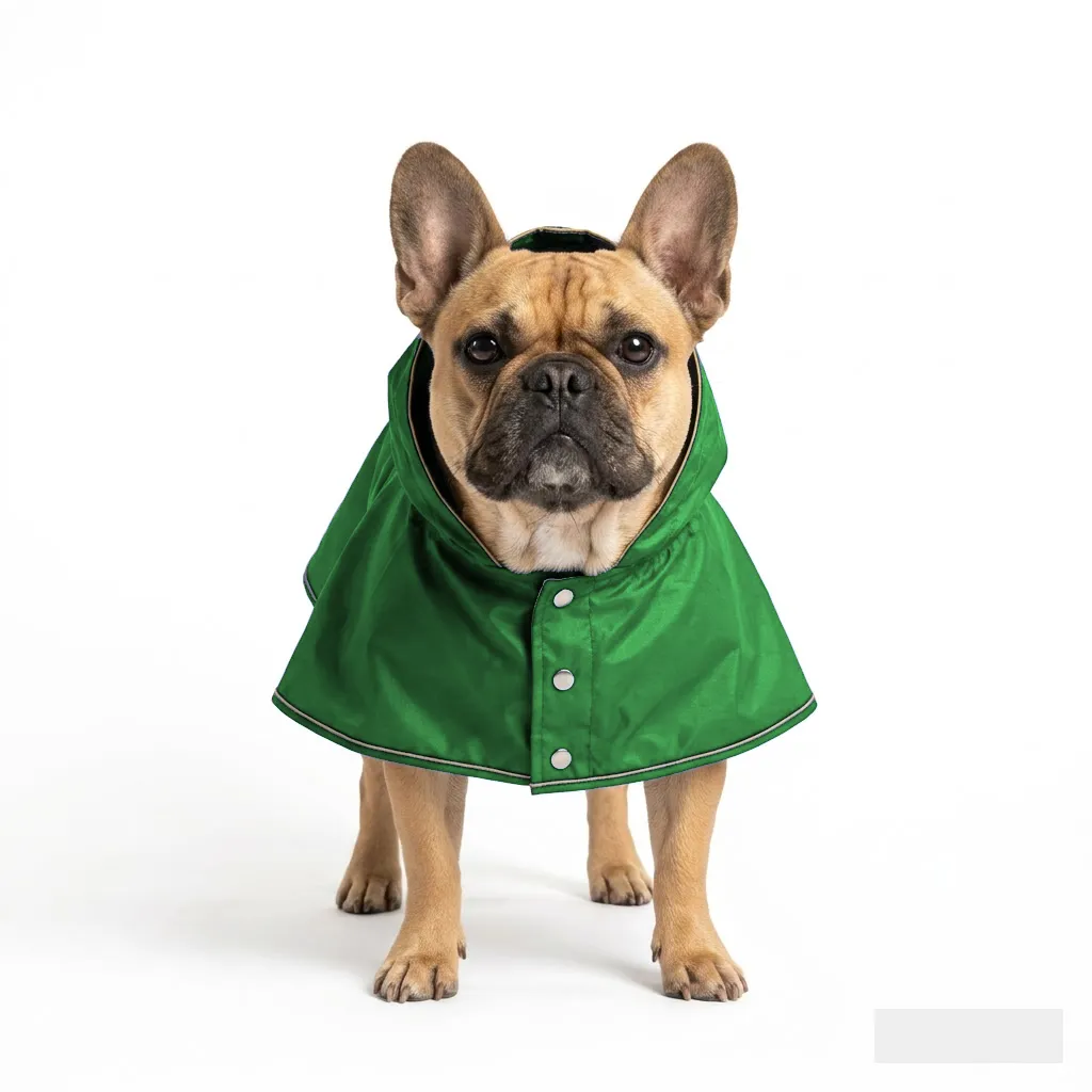 Forest Green Dog Rain Poncho worn by a dog — fit reference