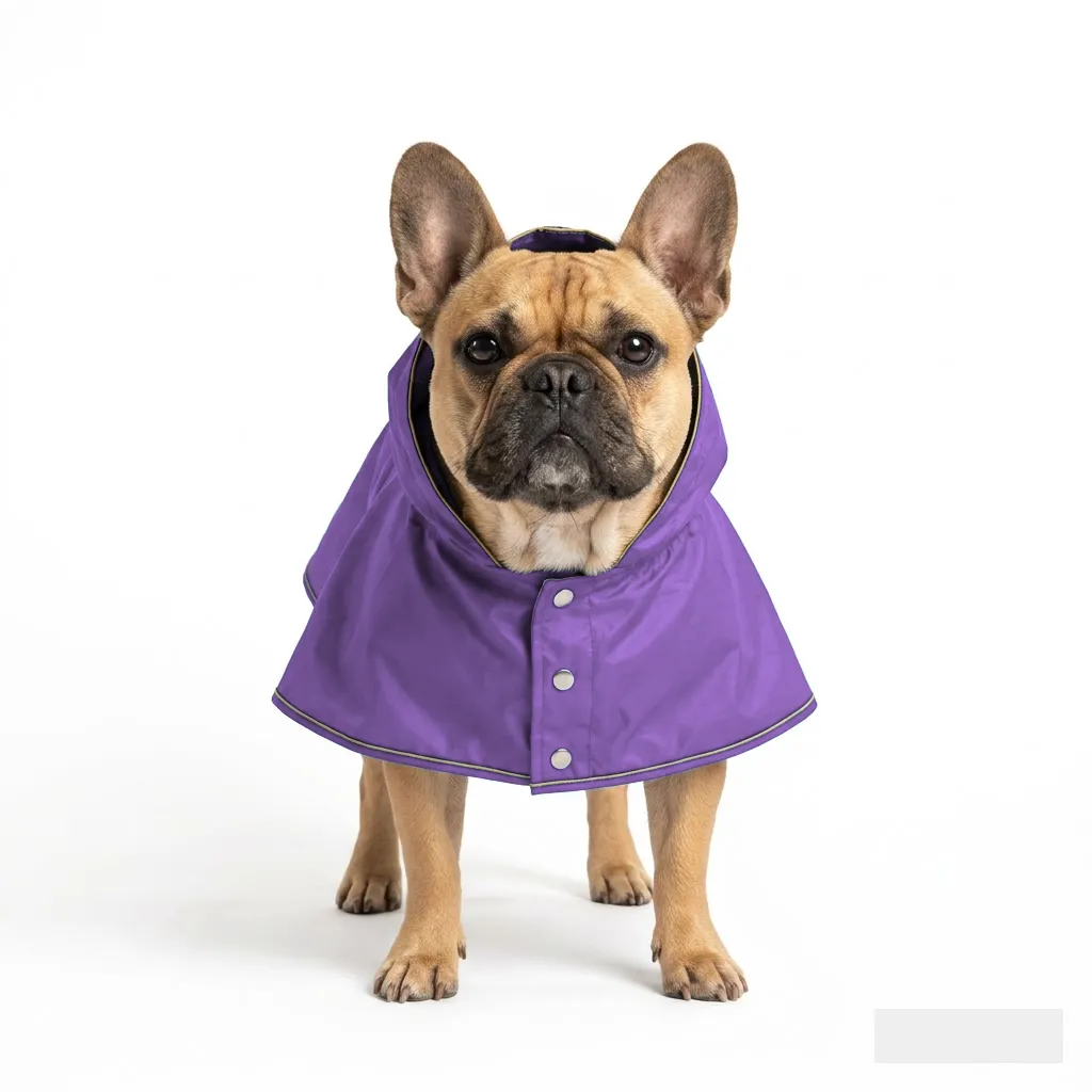 Lavender Dog Rain Poncho worn by a dog — fit reference