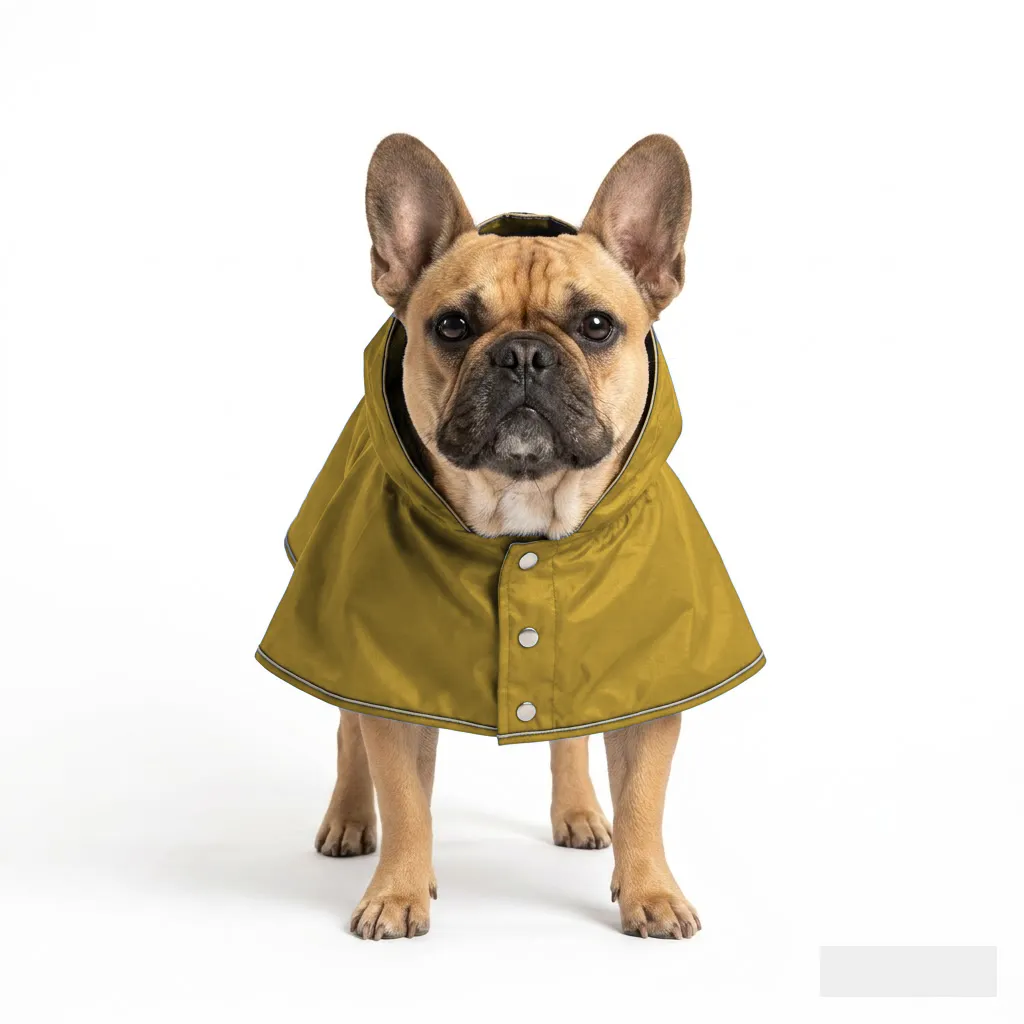 Mustard Dog Rain Poncho worn by a dog — fit reference