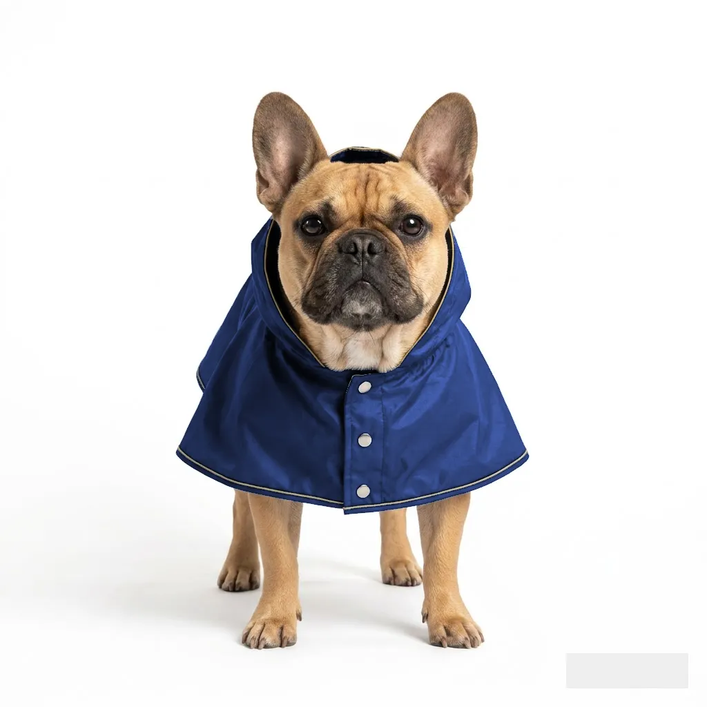 Navy Dog Rain Poncho worn by a dog — fit reference