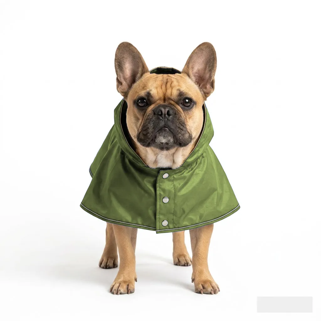 Olive Dog Rain Poncho worn by a dog — fit reference