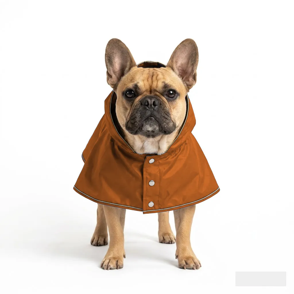 Orange Dog Rain Poncho worn by a dog — fit reference
