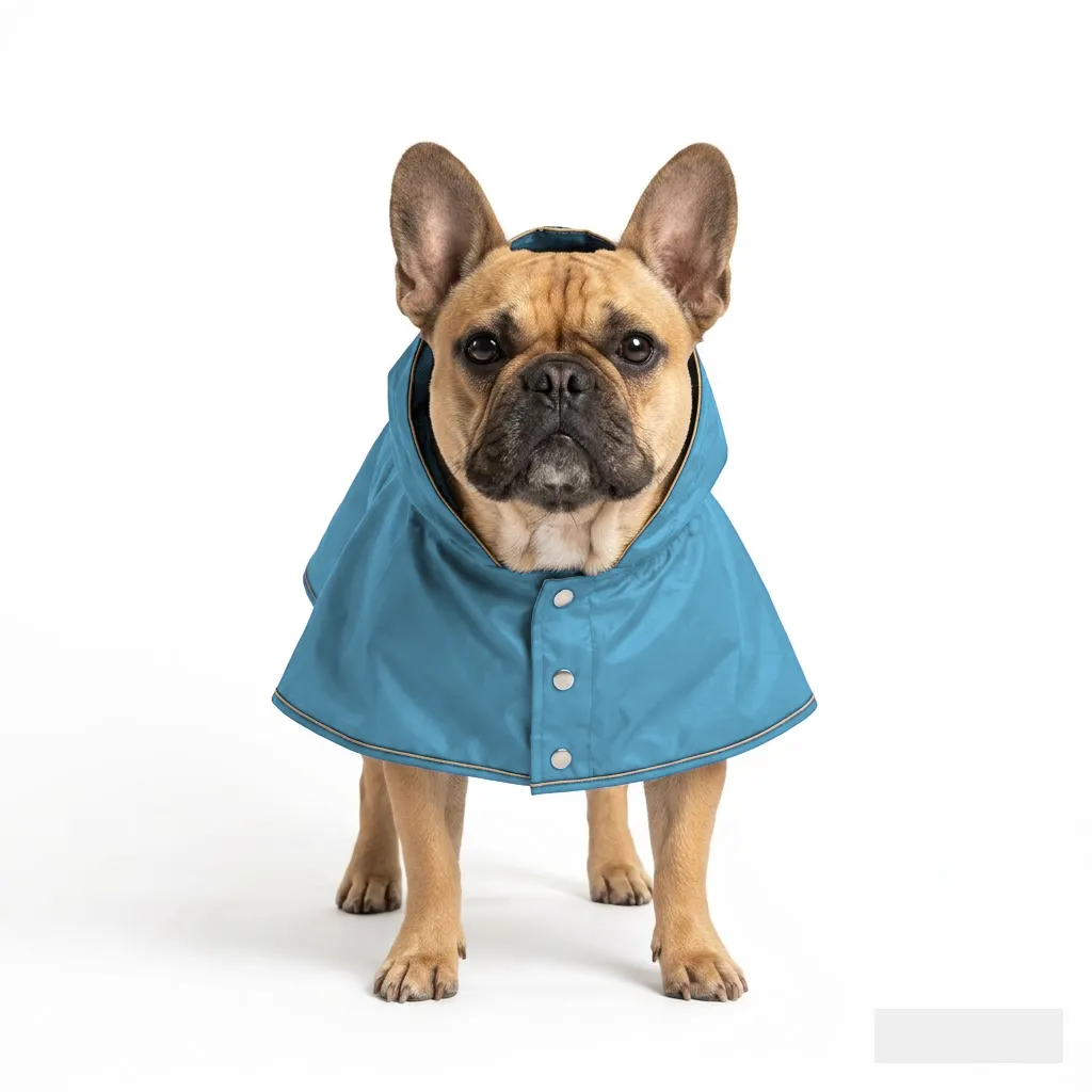 Sky Blue Dog Rain Poncho worn by a dog — fit reference