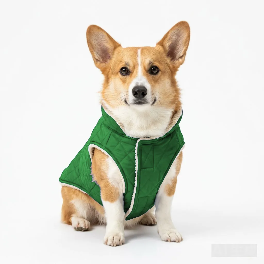Forest Green Dog Reversible Sherpa Vest worn by a dog — fit reference