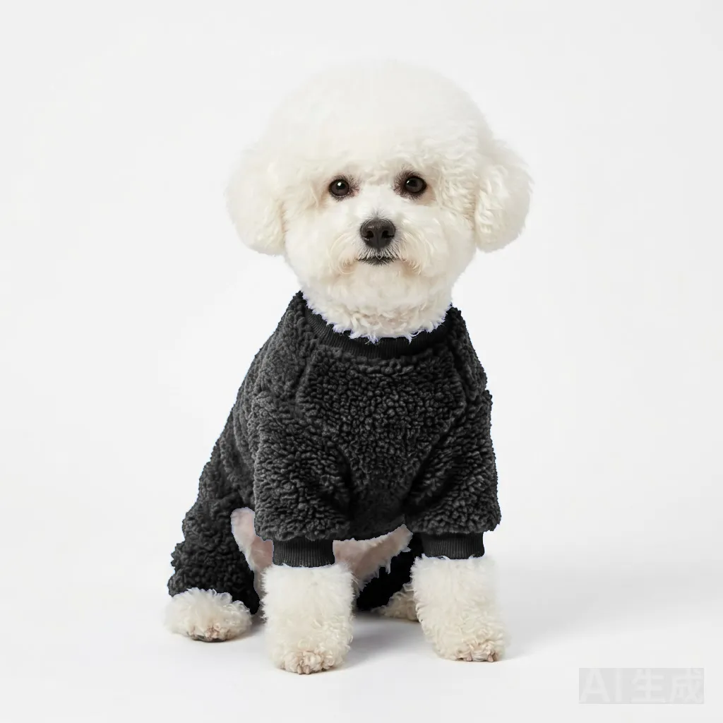 Black Dog Teddy Fleece Four-Leg Coat worn by a dog — fit reference