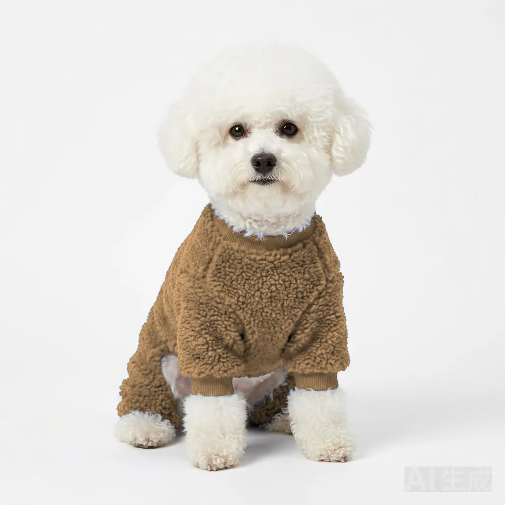 Camel Dog Teddy Fleece Four-Leg Coat worn by a dog — fit reference