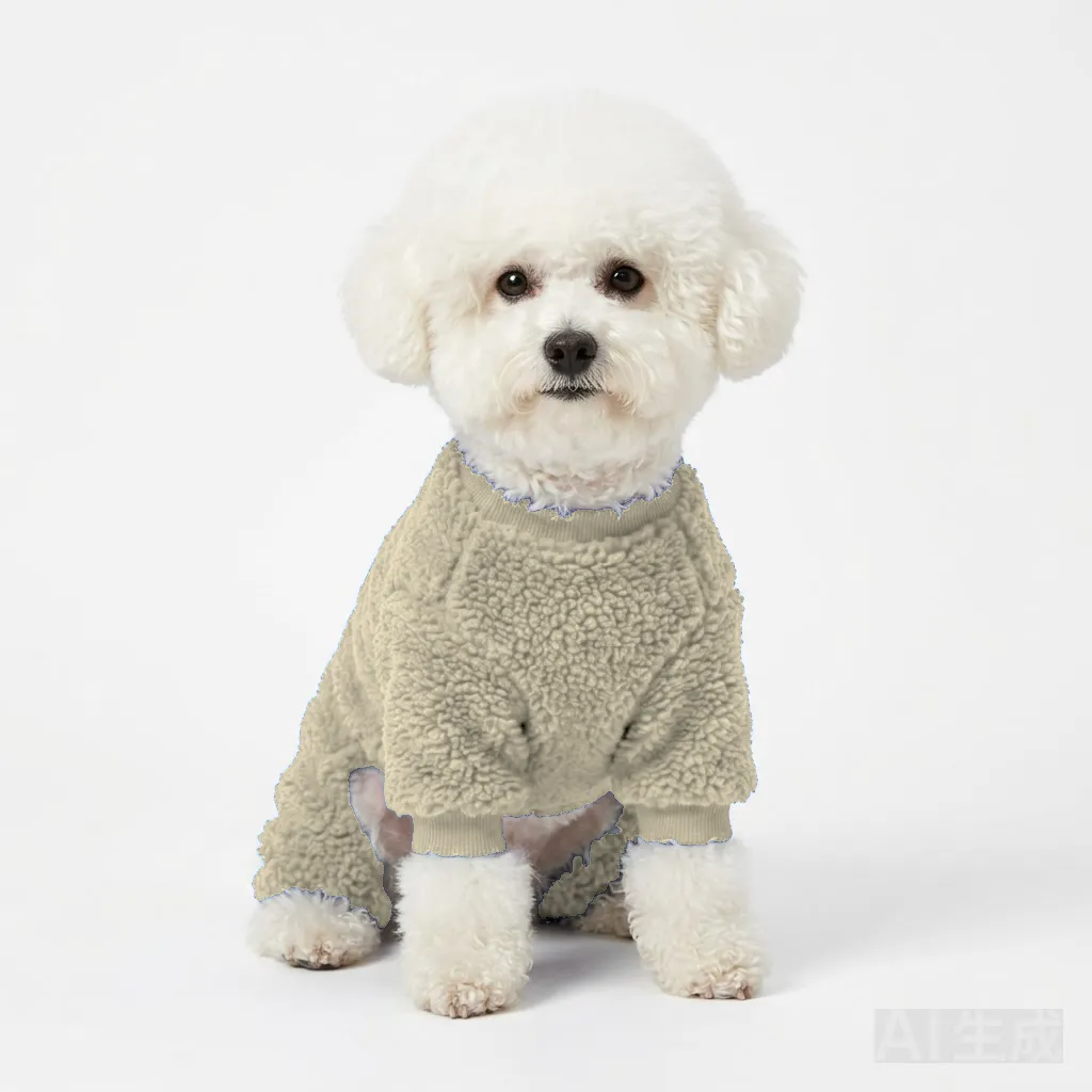 Cream Dog Teddy Fleece Four-Leg Coat worn by a dog — fit reference