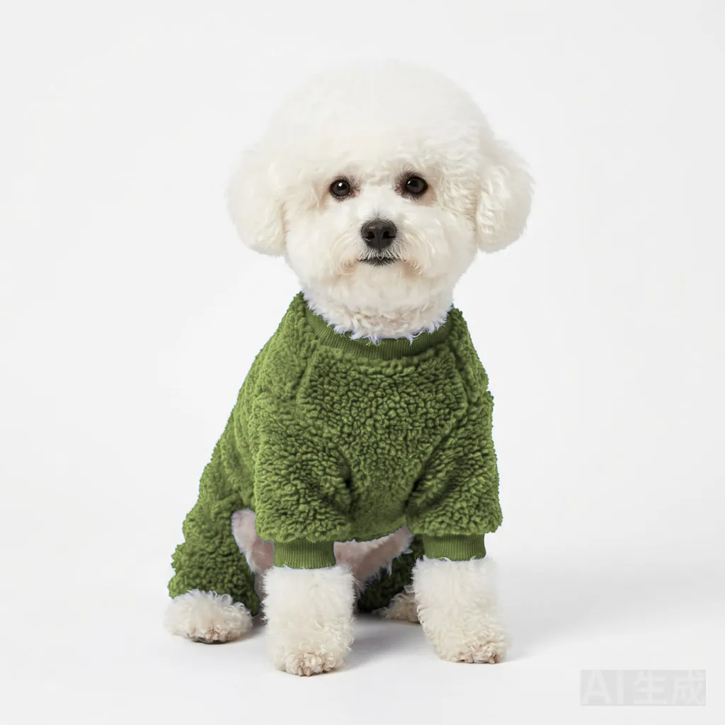 Olive Dog Teddy Fleece Four-Leg Coat worn by a dog — fit reference