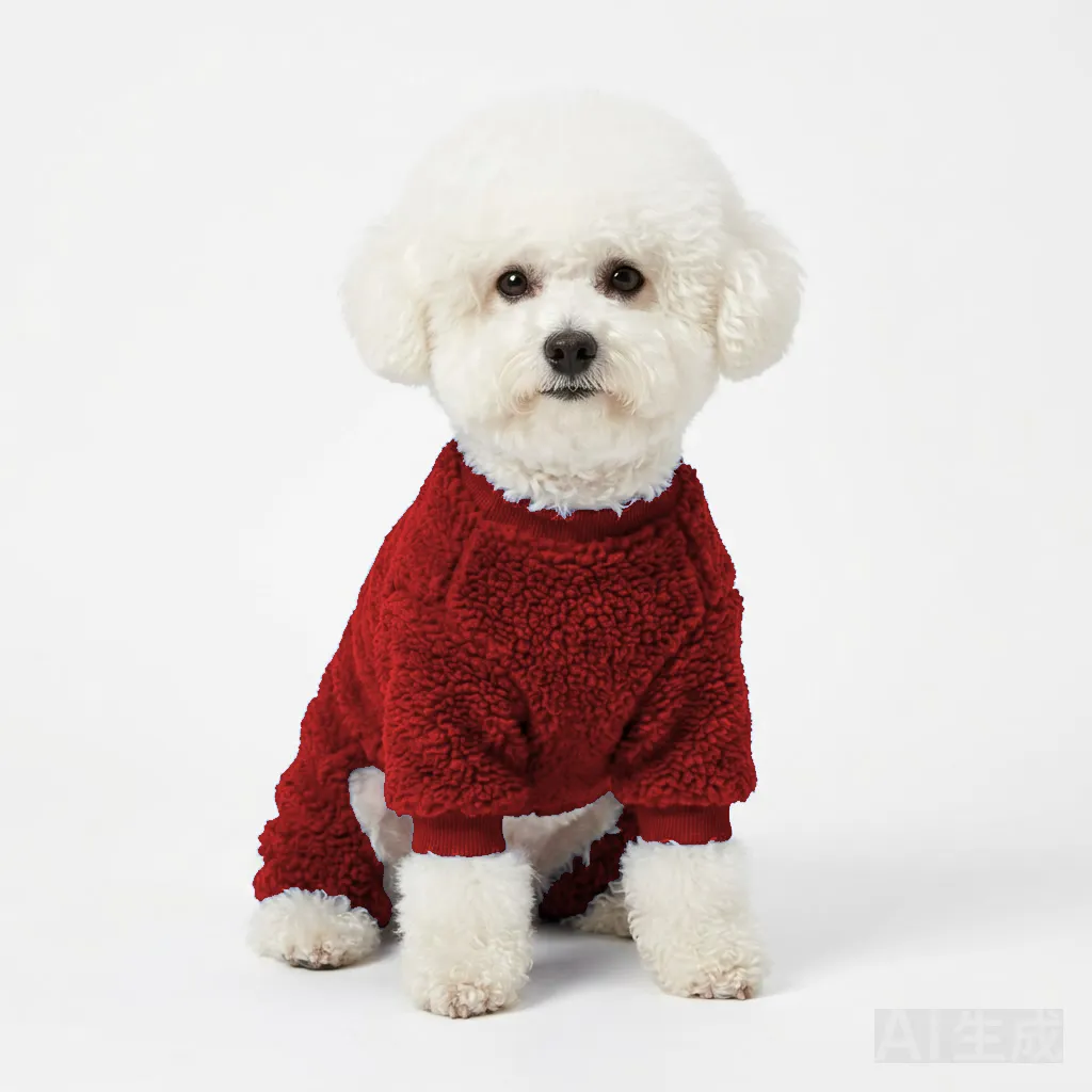 Red Dog Teddy Fleece Four-Leg Coat worn by a dog — fit reference