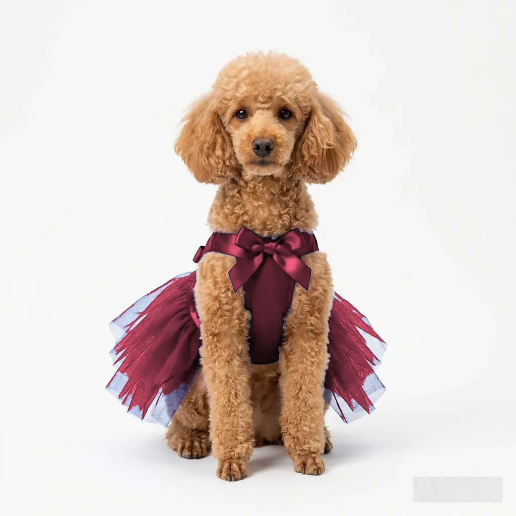Burgundy Dog Tulle Party Dress worn by a dog — fit reference